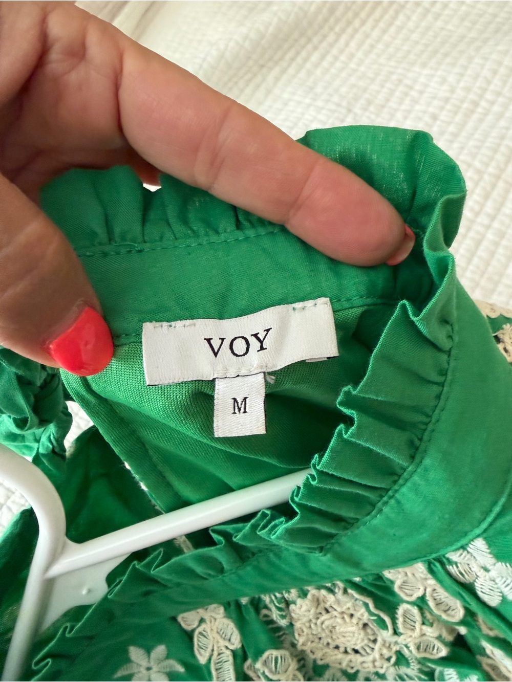 Green Crochet-Accent Mini Dress with Ruffle Sleeves 19”PTP and 34 in length. - Picture 3 of 4